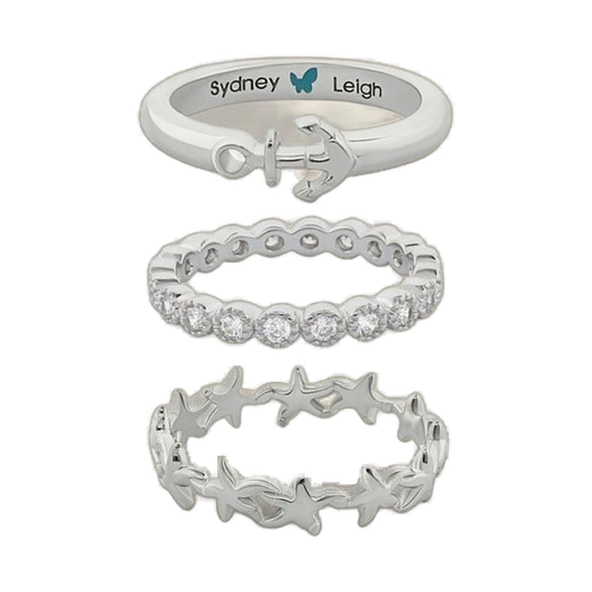 Sydney Leigh Starfish & Anchor Rings Set of 3 in silver-tone with pave band on Tampa Home & Garden Store