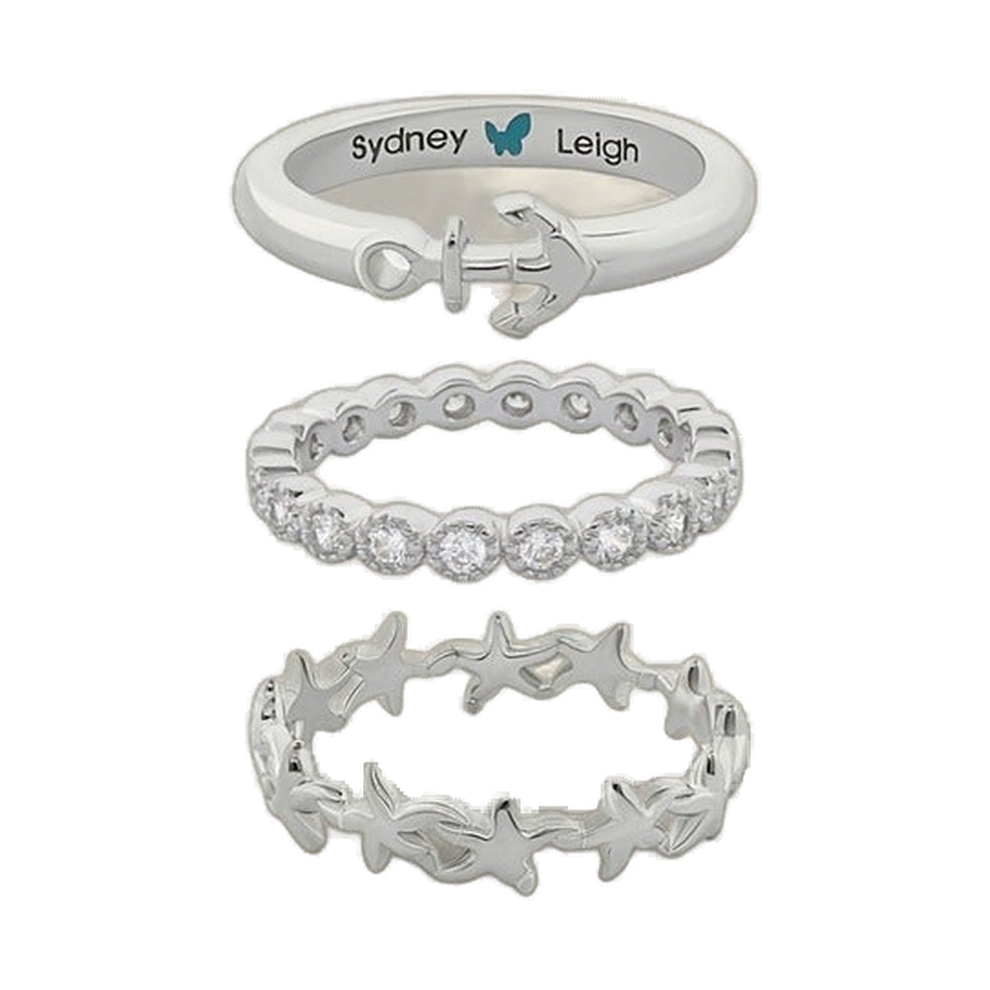 Sydney Leigh Starfish & Anchor Rings Set of 3 in silver-tone with pave band on Tampa Home & Garden Store