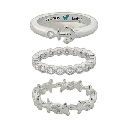 Sydney Leigh Starfish & Anchor Rings Set of 3 in silver-tone with pave band on Tampa Home & Garden Store