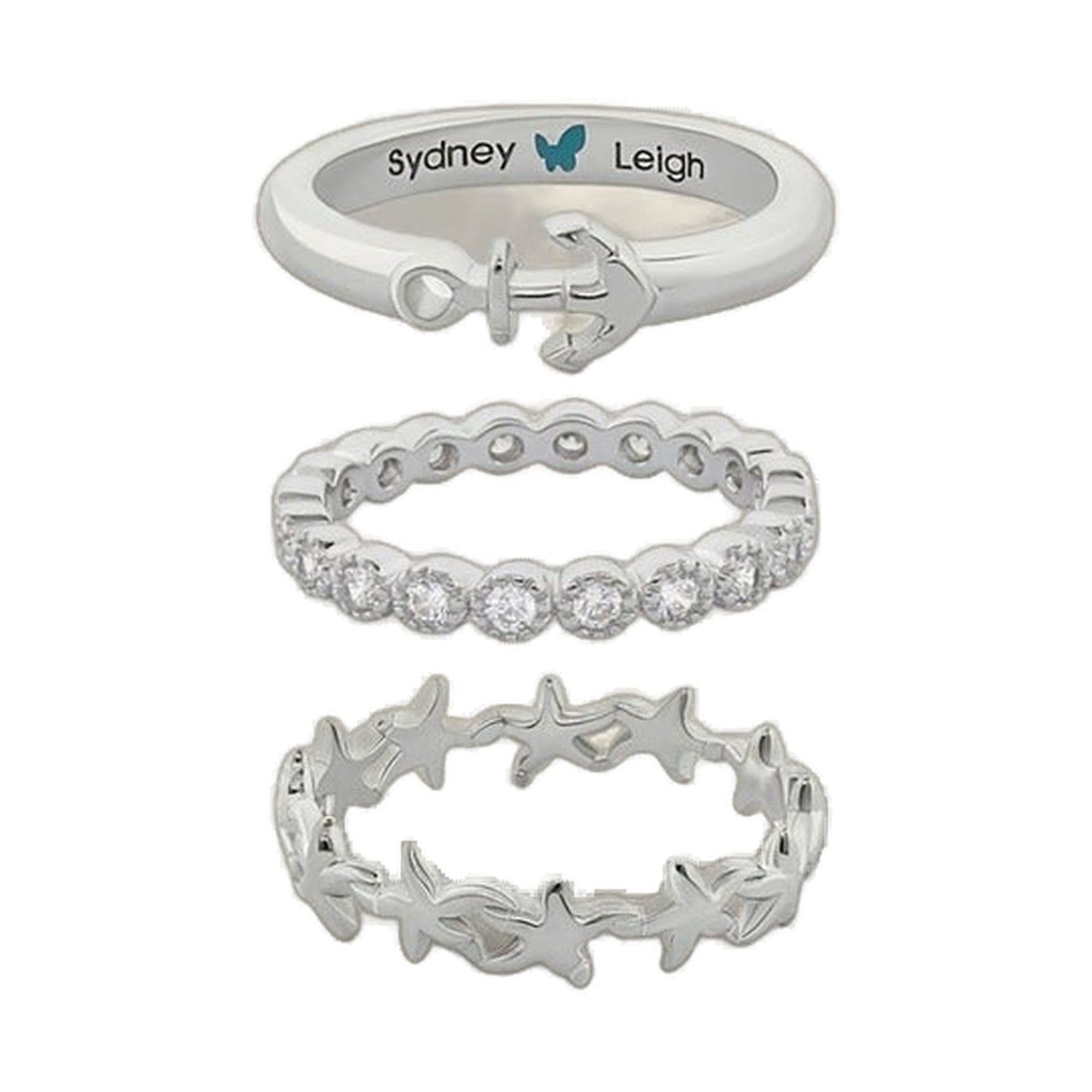 Sydney Leigh starfish and anchor rings set of 3 in silver tone nautical jewelry on Tampa Home & Garden Store