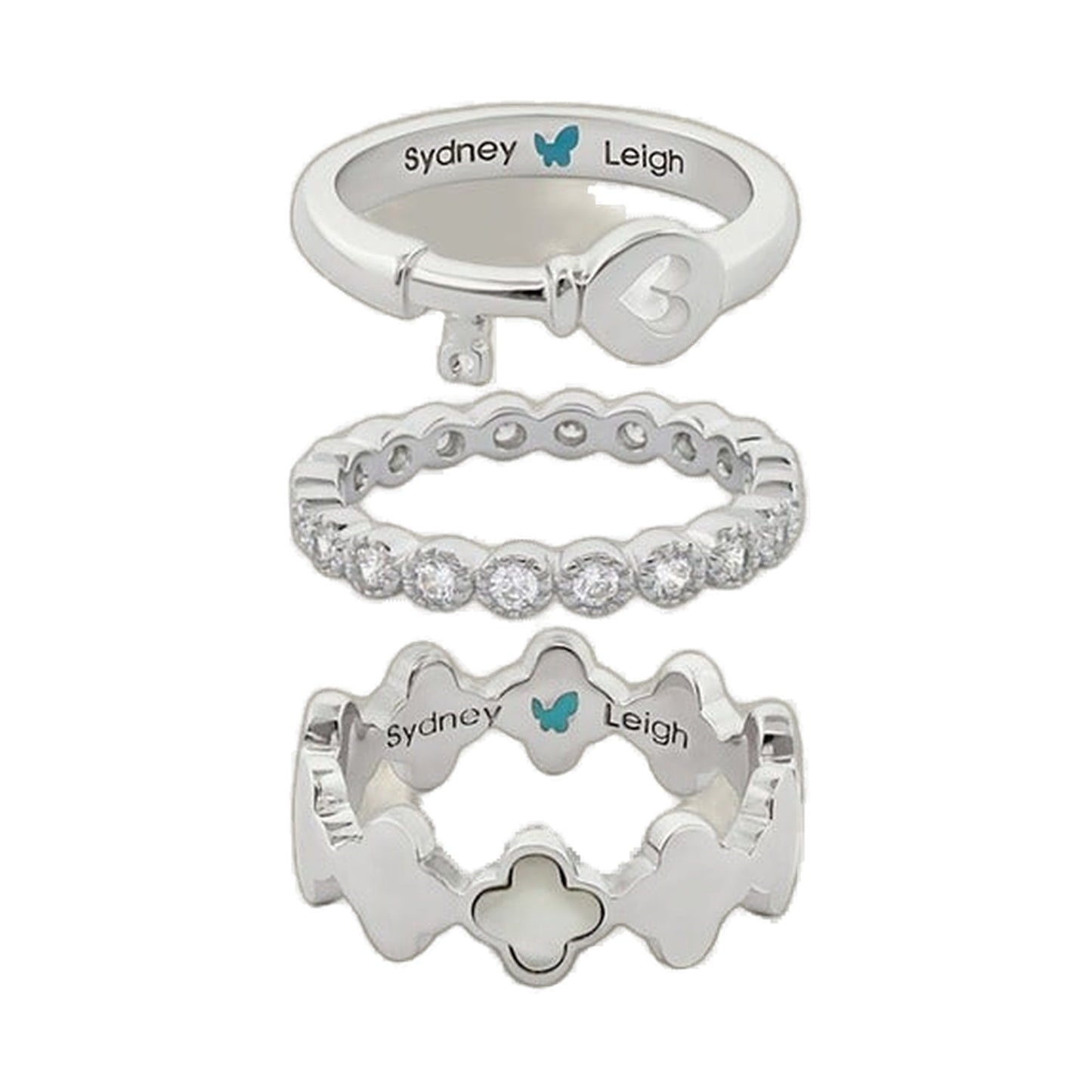 Silver-tone Sydney Leigh Heart Key & Clover rings set of 3 by Lauren G Adams, stackable on Tampa Home & Garden Store
