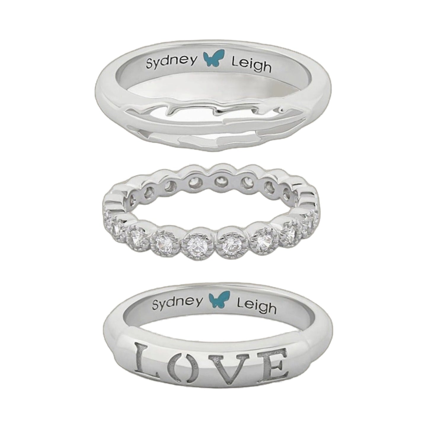 Sydney Leigh Feather & Love Rings Set of 3 by Lauren G Adams; feather motif, pavé crystals, LOVE on Tampa Home & Garden Store
