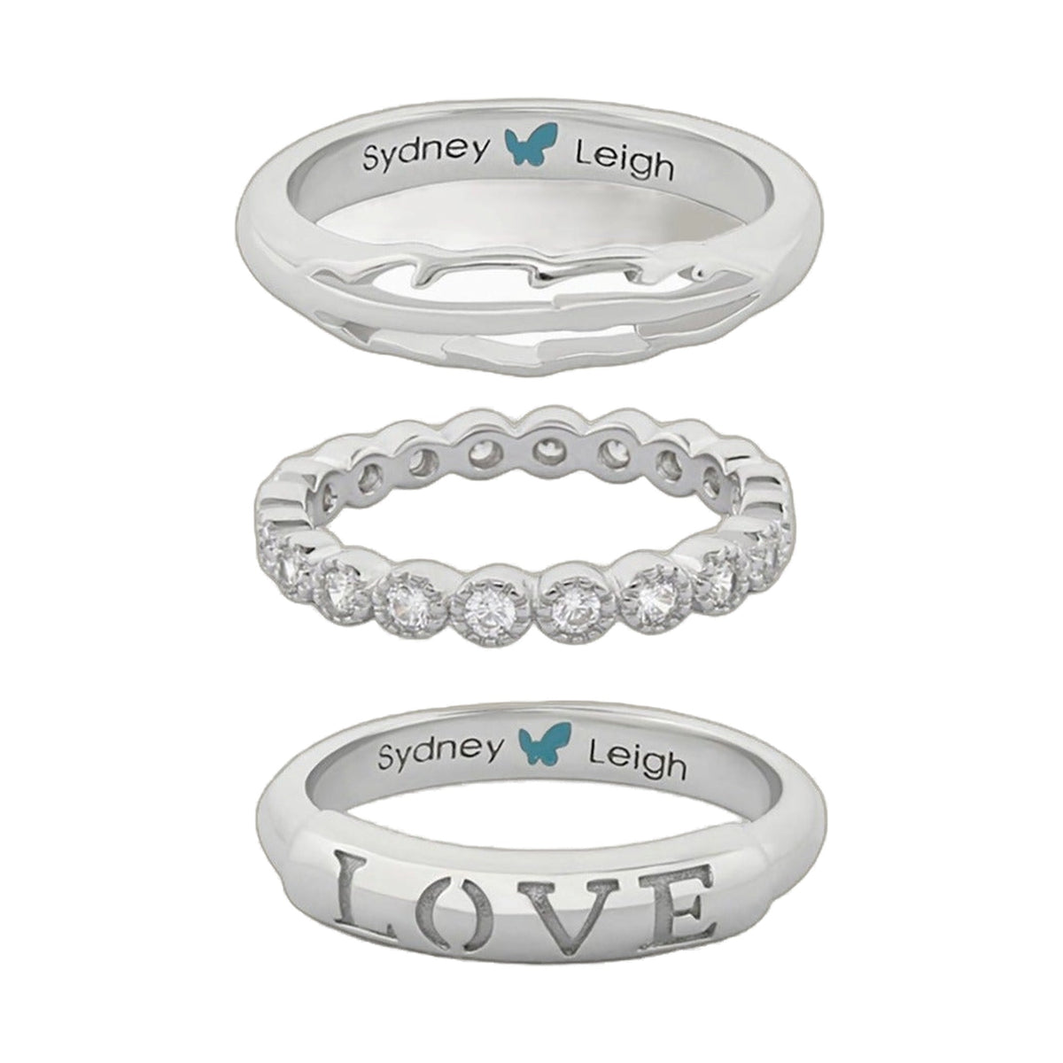 Sydney Leigh Feather & Love Rings Set of 3 by Lauren G Adams; feather motif, pavé crystals, LOVE on Tampa Home & Garden Store