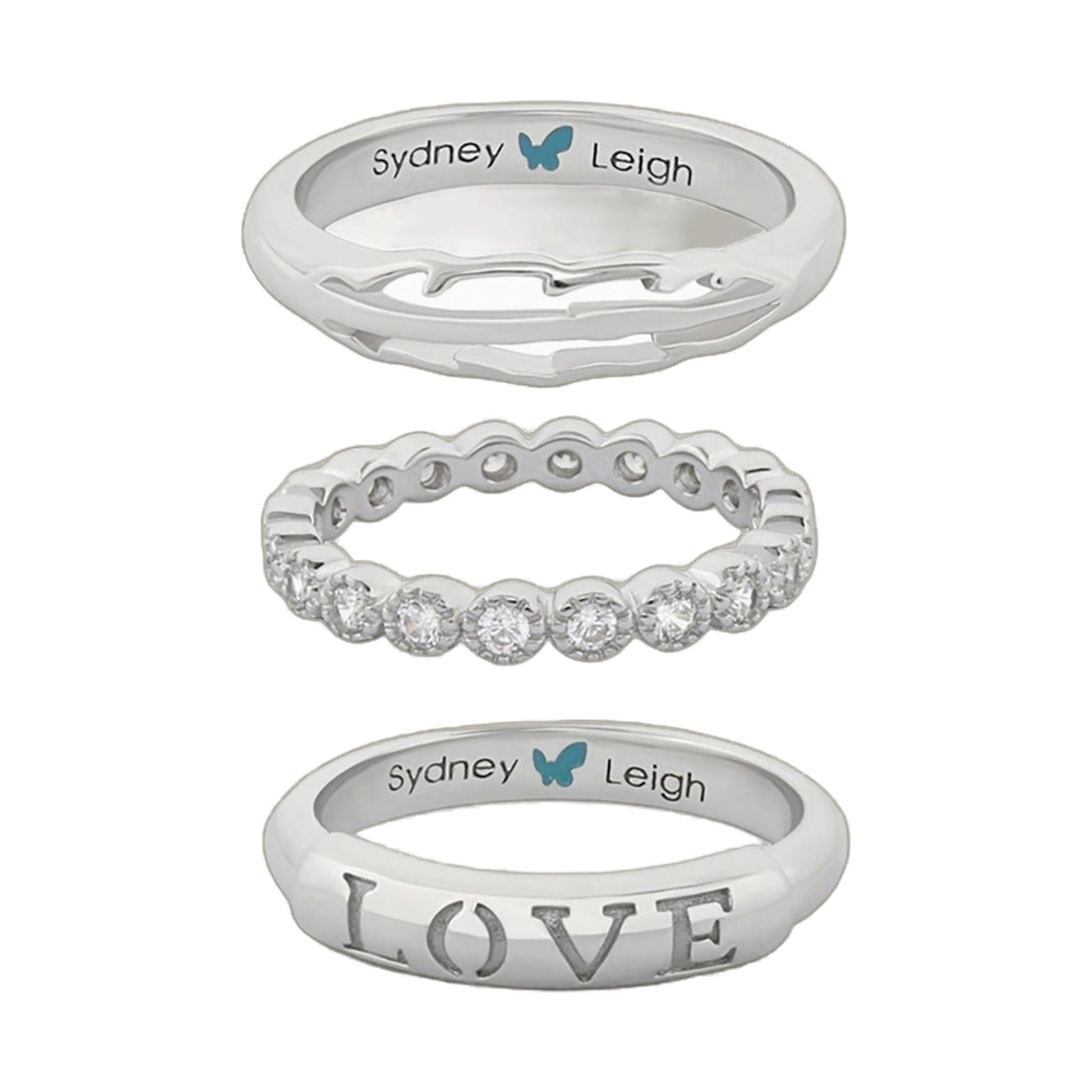 Set of 3 Sydney Leigh silver rings with feather-edge band, pave diamonds, and LOVE ring on Tampa Home & Garden Store