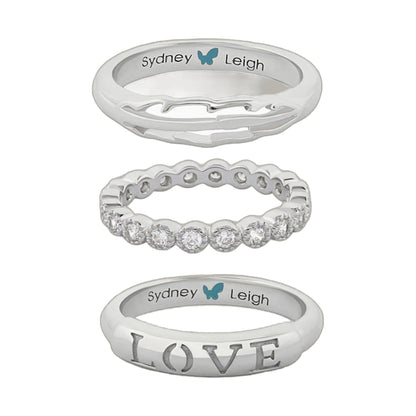 Set of 3 Sydney Leigh silver rings with feather-edge band, pave diamonds, and LOVE ring on Tampa Home & Garden Store