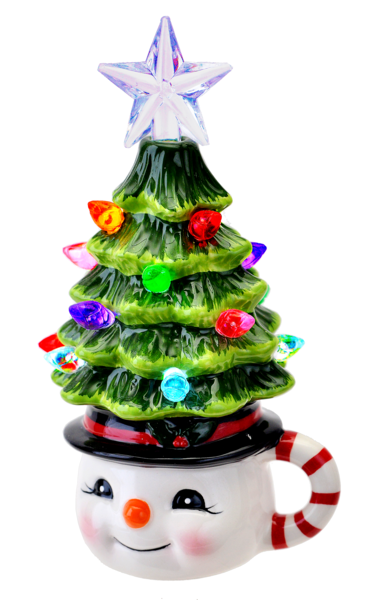 Mug lumineux bonhomme de neige avec sapin et mini paillettes LED