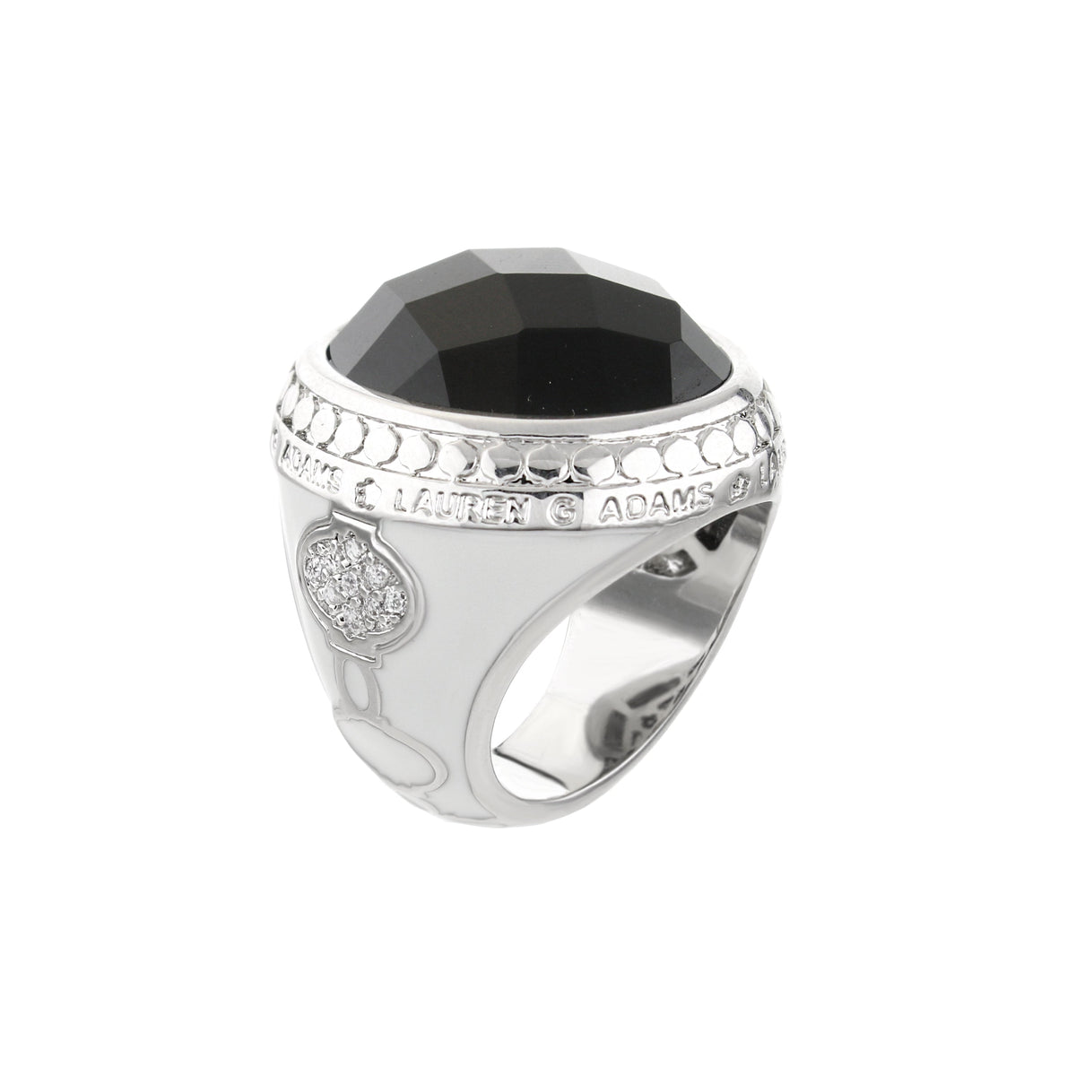 Dragon Lady cocktail ring with black faceted stone on silver band engraved Lauren G Adams on Tampa Home & Garden Store