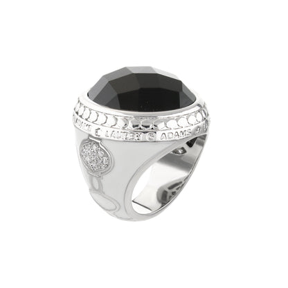 Dragon Lady cocktail ring with black faceted stone on silver band engraved Lauren G Adams on Tampa Home & Garden Store