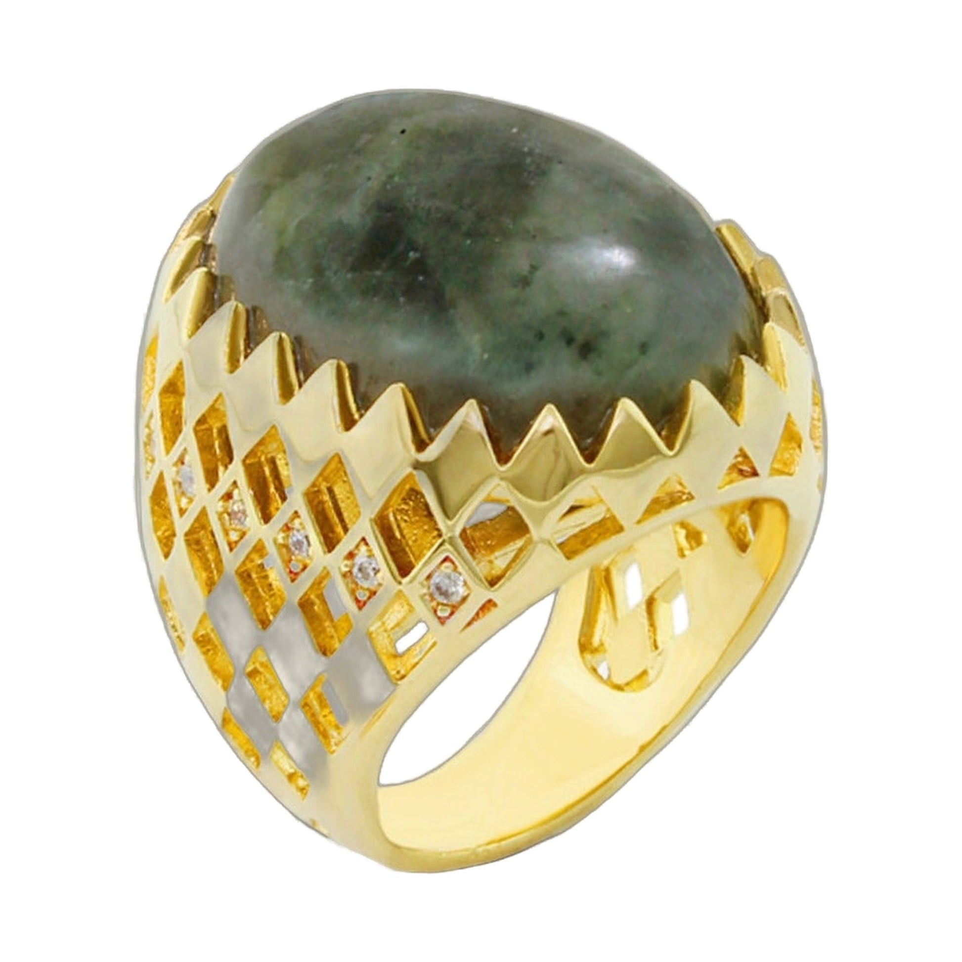 Lauren G Adams Diamond Eyes Ring gold-tone band with green cabochon stone and lattice bezel on Tampa Home & Garden Store