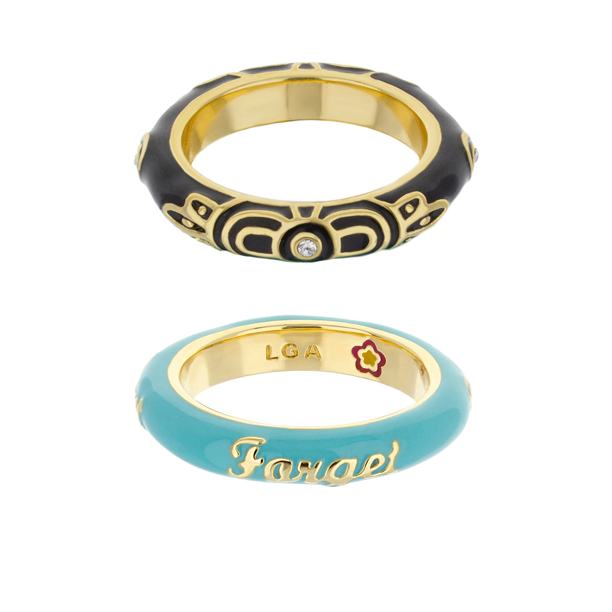 Stackable ring set: black enamel with gold filigree; turquoise enamel with gold script LGA on Tampa Home & Garden Store