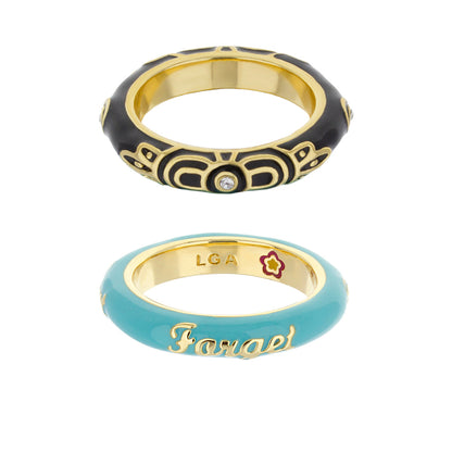 Stackable ring set: black enamel with gold filigree; turquoise enamel with gold script LGA on Tampa Home & Garden Store