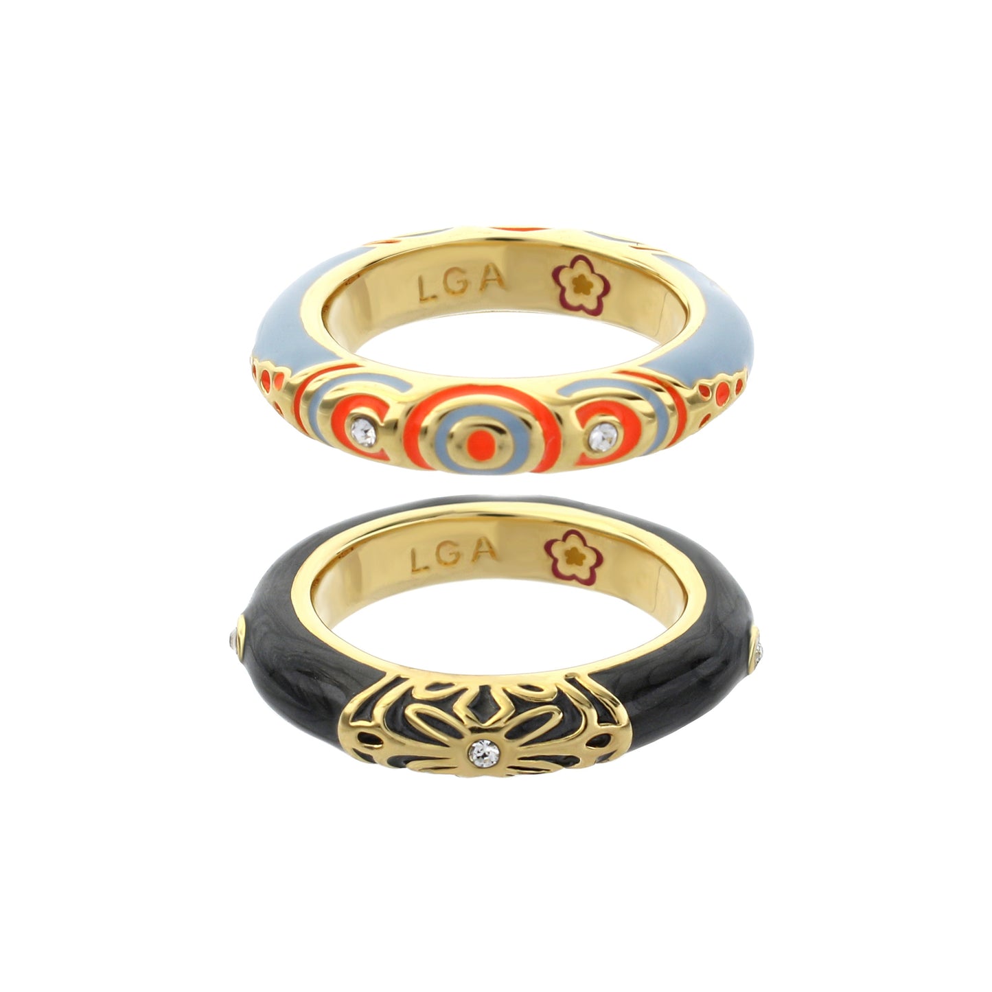 Petit Gateau Stackable Ring Set; 3 enamel rings in blue red black with gold trim LGA on Tampa Home & Garden Store