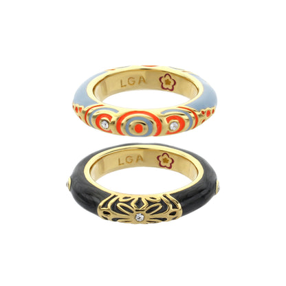 Petit Gateau Stackable Ring Set; 3 enamel rings in blue red black with gold trim LGA on Tampa Home & Garden Store