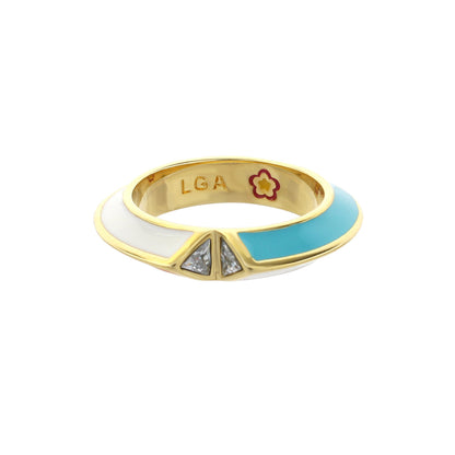 Lauren G Adams Petit Gateau Ring Knife-Edge Pavé in blue and white enamel with gold band on Tampa Home & Garden Store