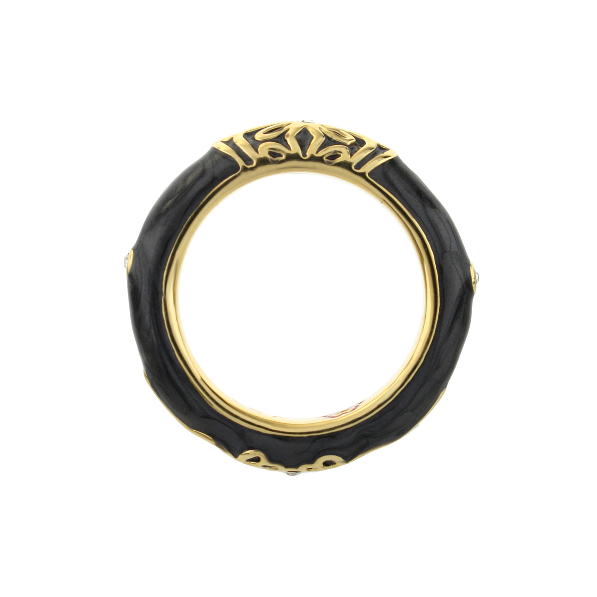 Petit Gateau Stackable Ring Flower Medallion with black enamel band and gold detailing on Tampa Home & Garden Store