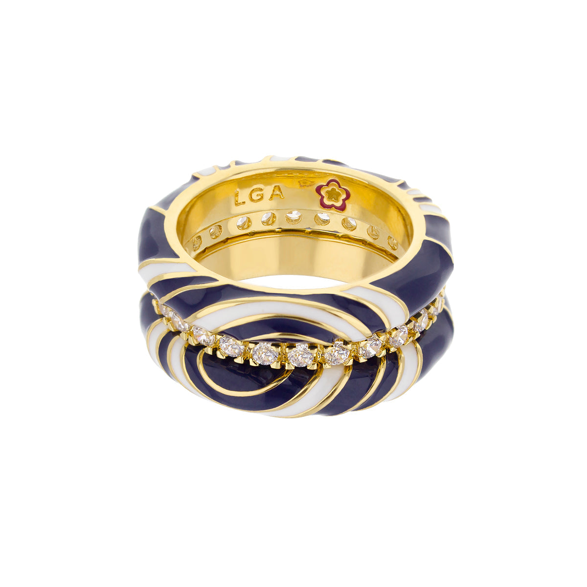 Petit Gateau Stackable Ring Set Swirl Pave Duo navy enamel gold bands white pave diamonds on Tampa Home & Garden Store