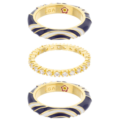 Petit Gateau Stackable Ring Trio Lauren G Adams Swirl & Pavé navy enamel gold pavé diamonds on Tampa Home & Garden Store