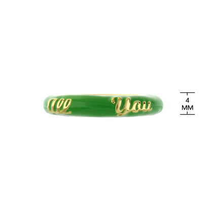 Petit Gateau Stackable Ring Love Script by Lauren G Adams, green enamel with gold script on Tampa Home & Garden Store
