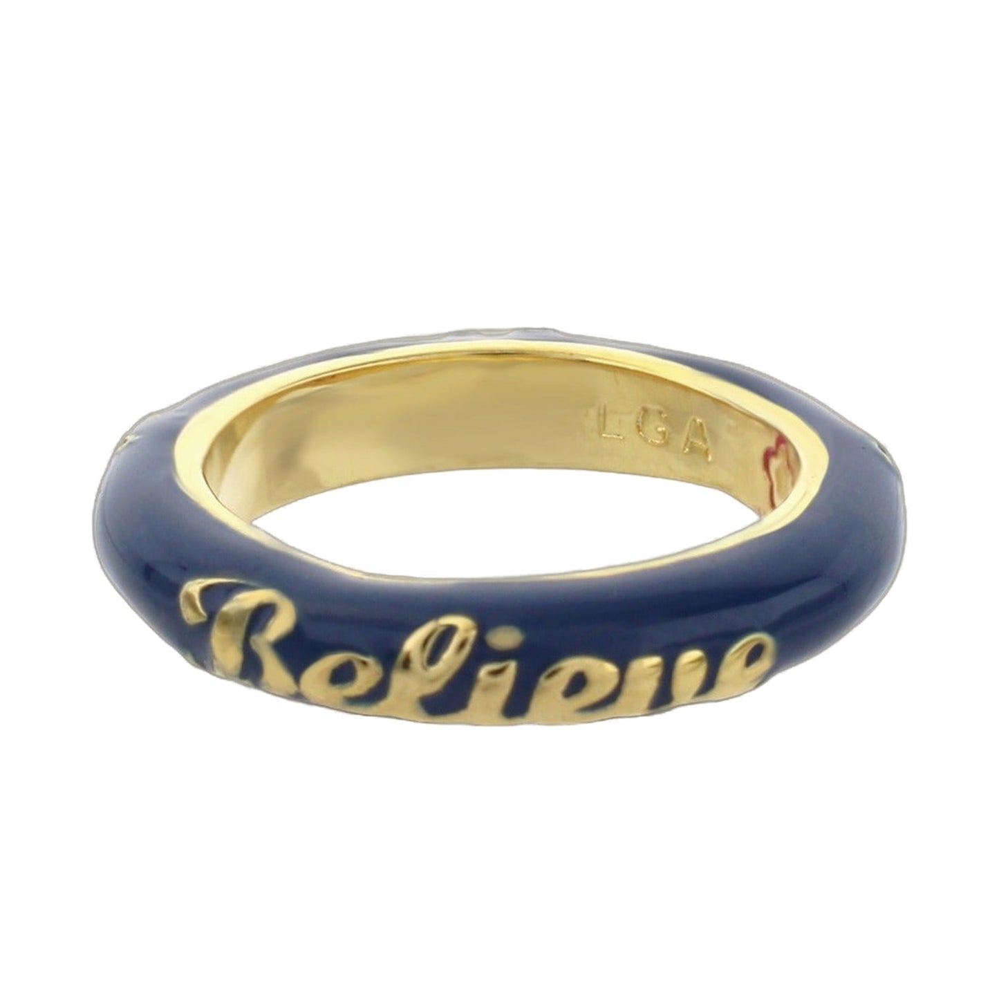 Petit Gateau Stackable Ring Believe Script by Lauren G Adams navy enamel with gold interior on Tampa Home & Garden Store