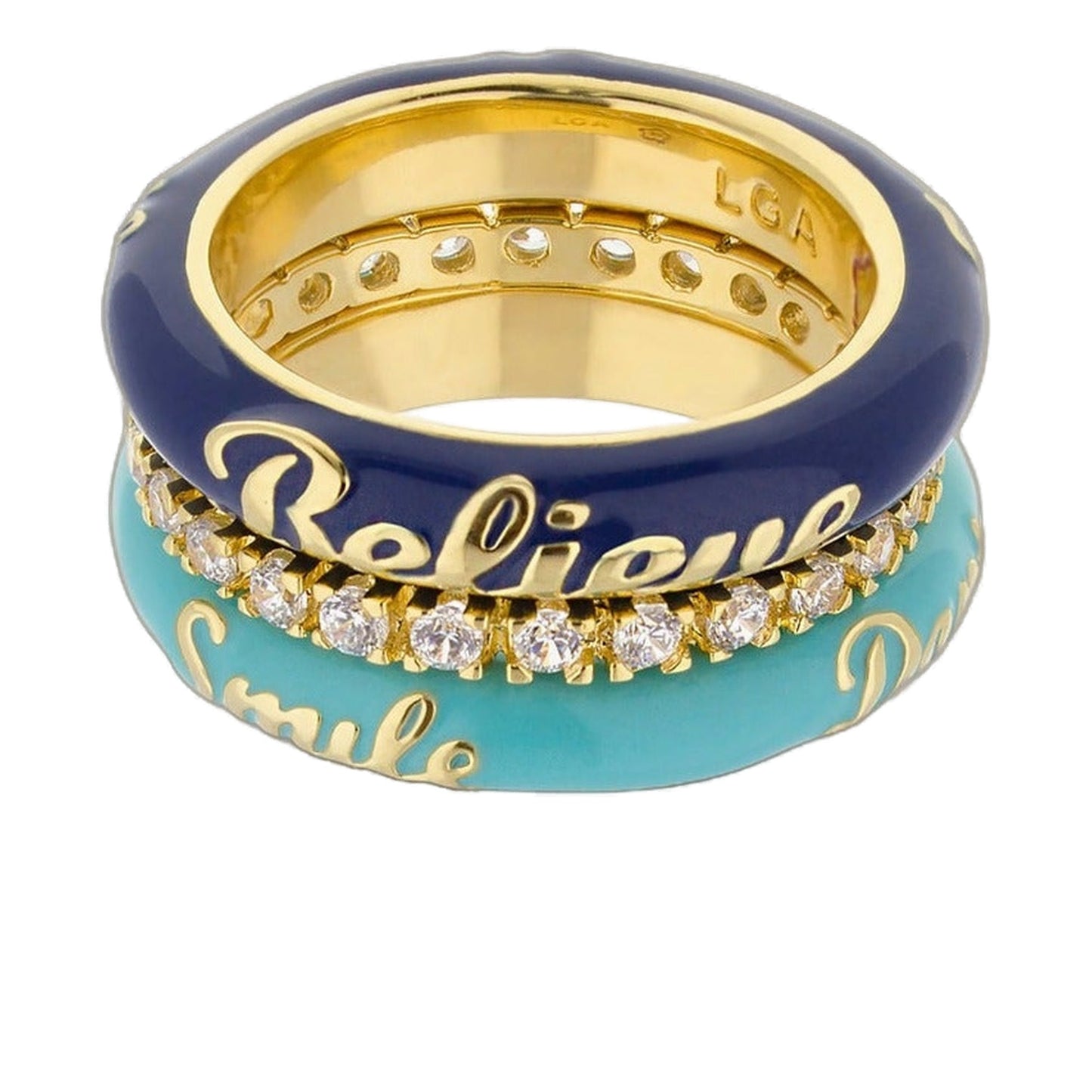 Petit Gateau Stackable Ring Set by Lauren G Adams with blue enamel and gold bands on Tampa Home & Garden Store
