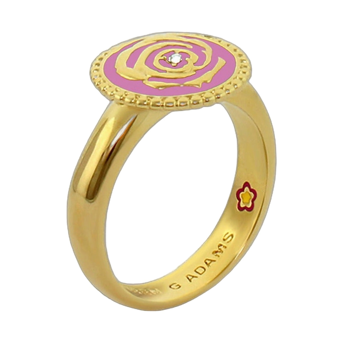 Rosie Passion Ring by Lauren G Adams, pink enamel rose on gold band with center stone on Tampa Home & Garden Store