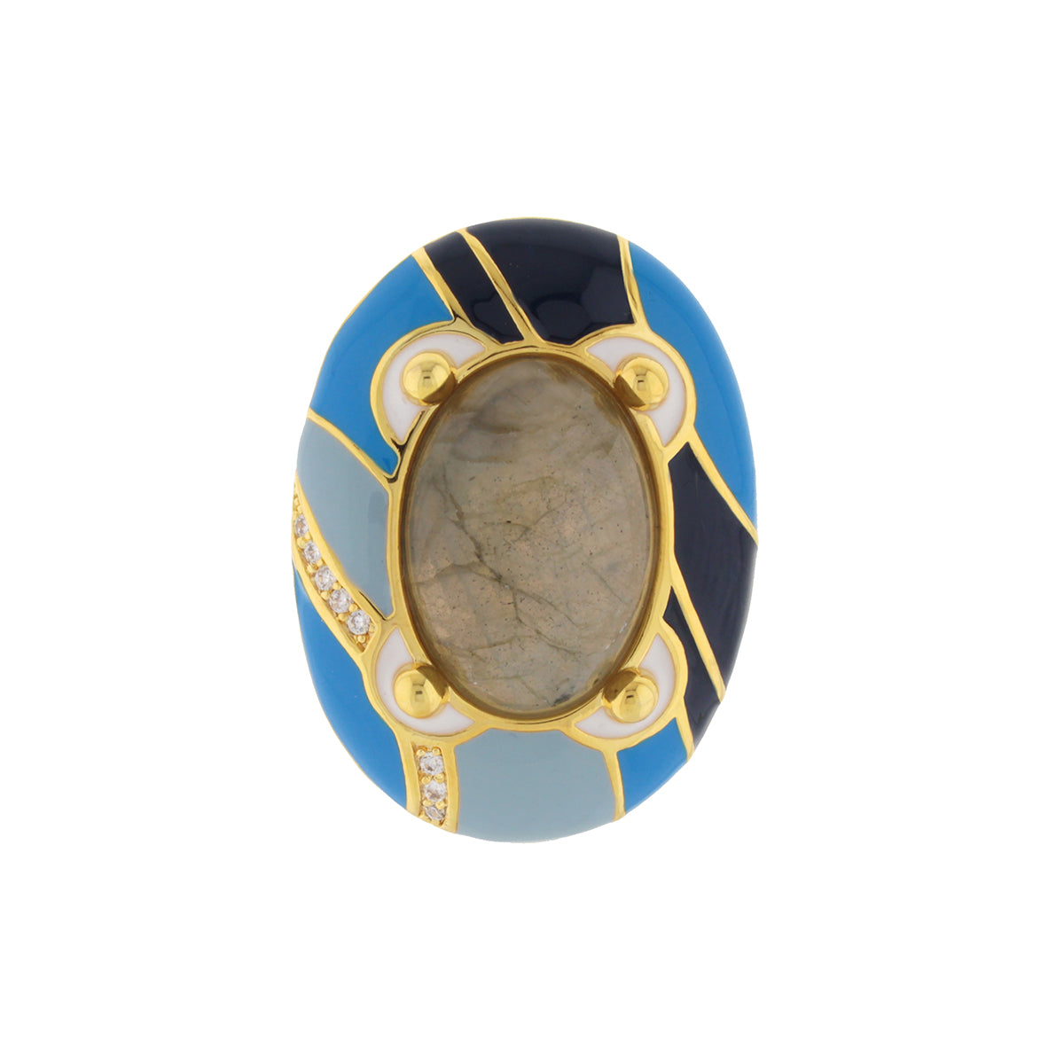 Blue Dream Ring by Lauren G Adams, oval beige center stone with blue enamel mosaic on Tampa Home & Garden Store