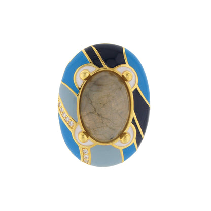 Blue Dream Ring by Lauren G Adams, oval beige center stone with blue enamel mosaic on Tampa Home & Garden Store