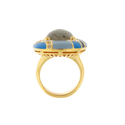 Blue Dream Ring by Lauren G Adams, gold ring with blue enamel accents and gray cabochon on Tampa Home & Garden Store