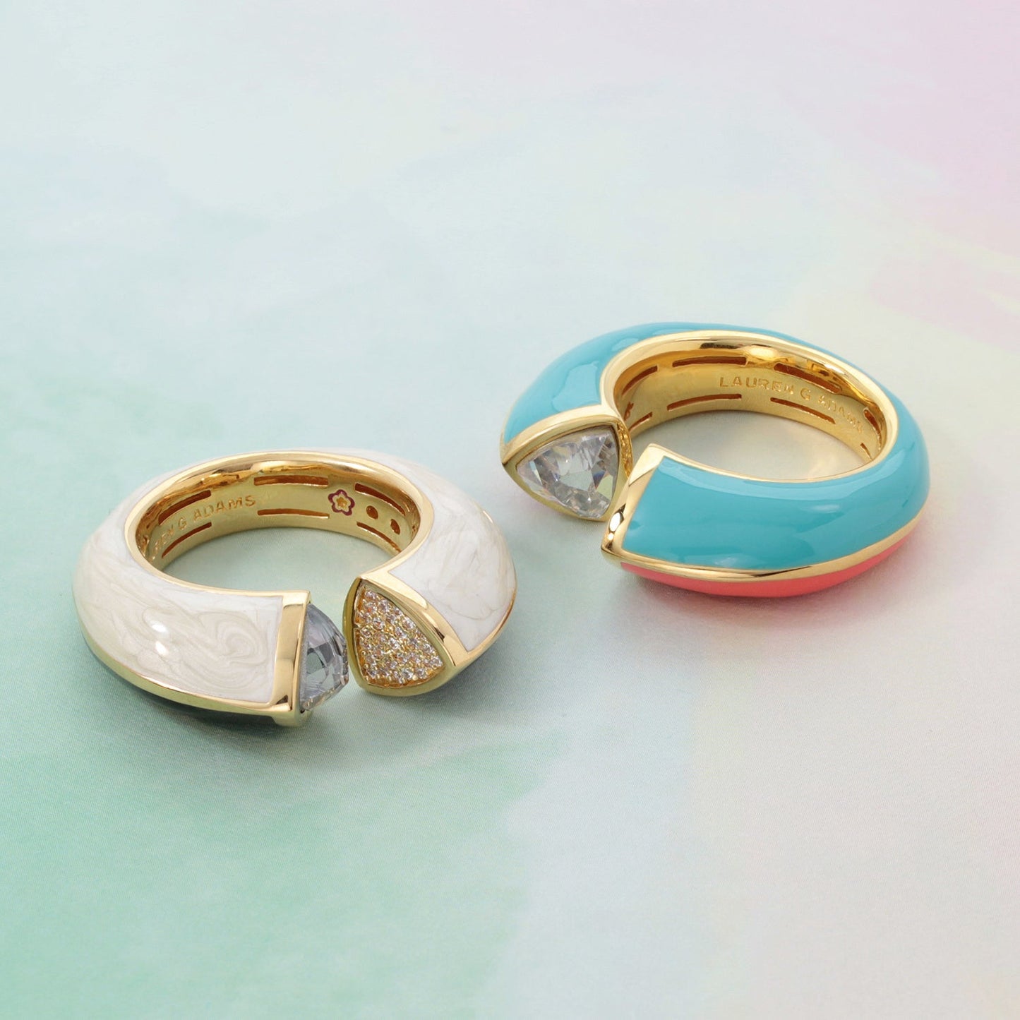 Pair of Triplet Ring cocktail rings by Lauren G Adams, turquoise enamel and white marbled on Tampa Home & Garden Store