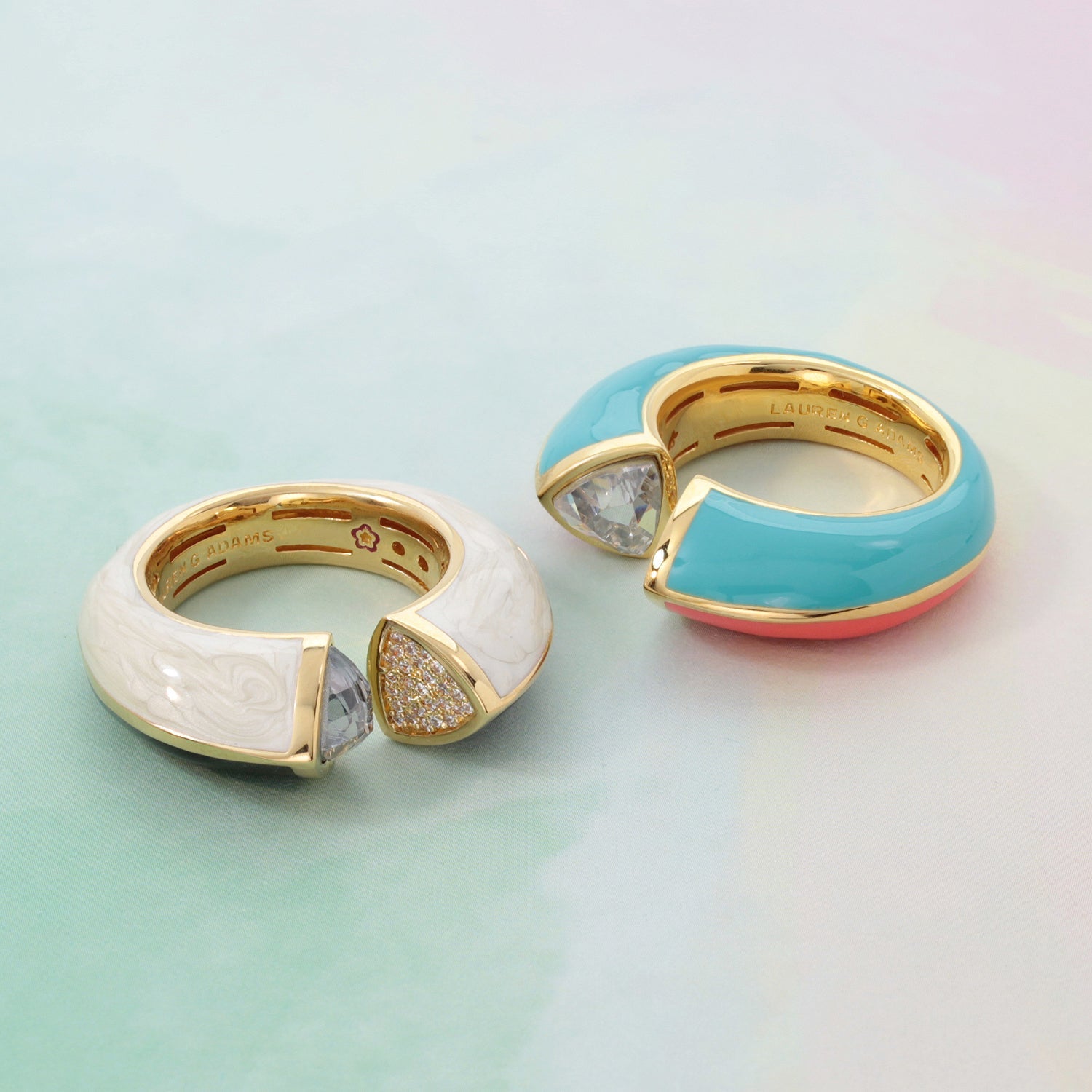Pair of Triplet Ring cocktail rings by Lauren G Adams, turquoise enamel and white marbled on Tampa Home & Garden Store