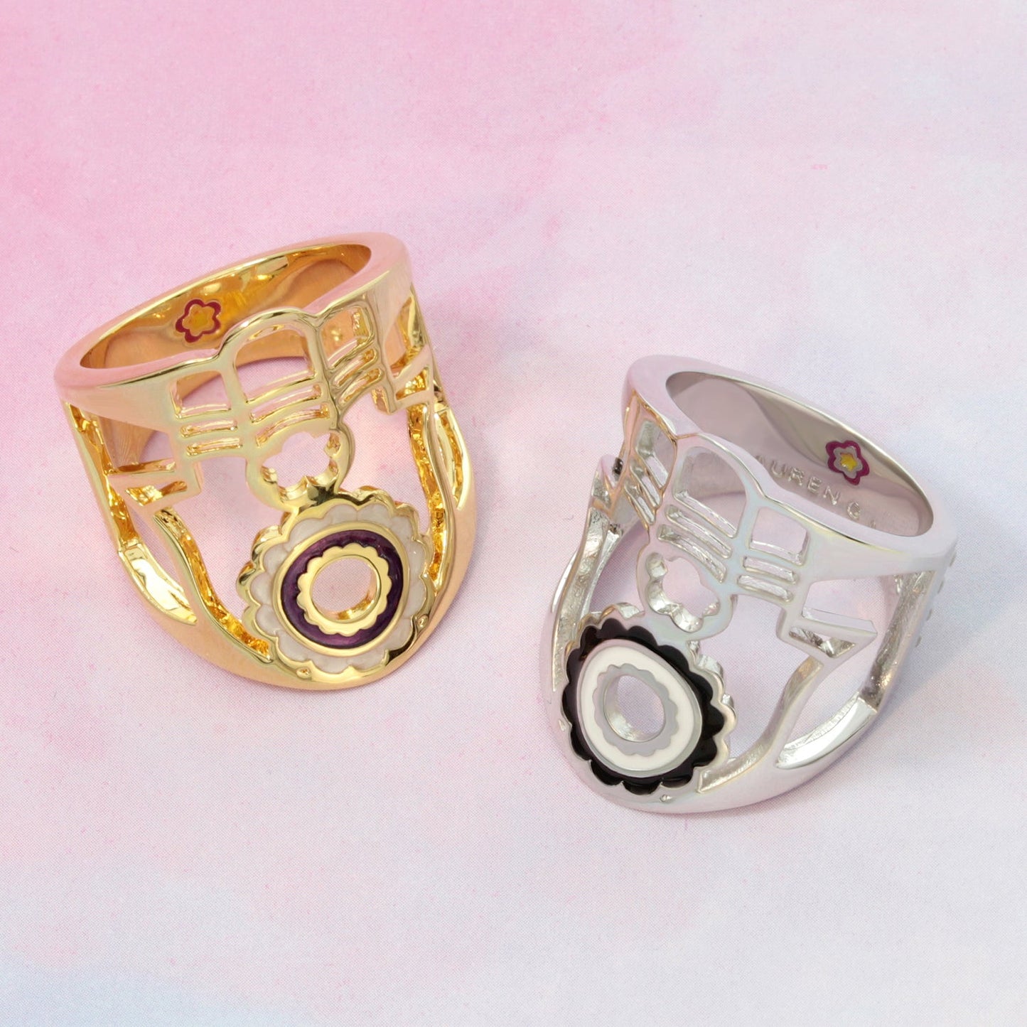 Lucky Hamsa Ring pair: gold-tone and silver-tone enamel floral designs by Lauren G Adams on Tampa Home & Garden Store