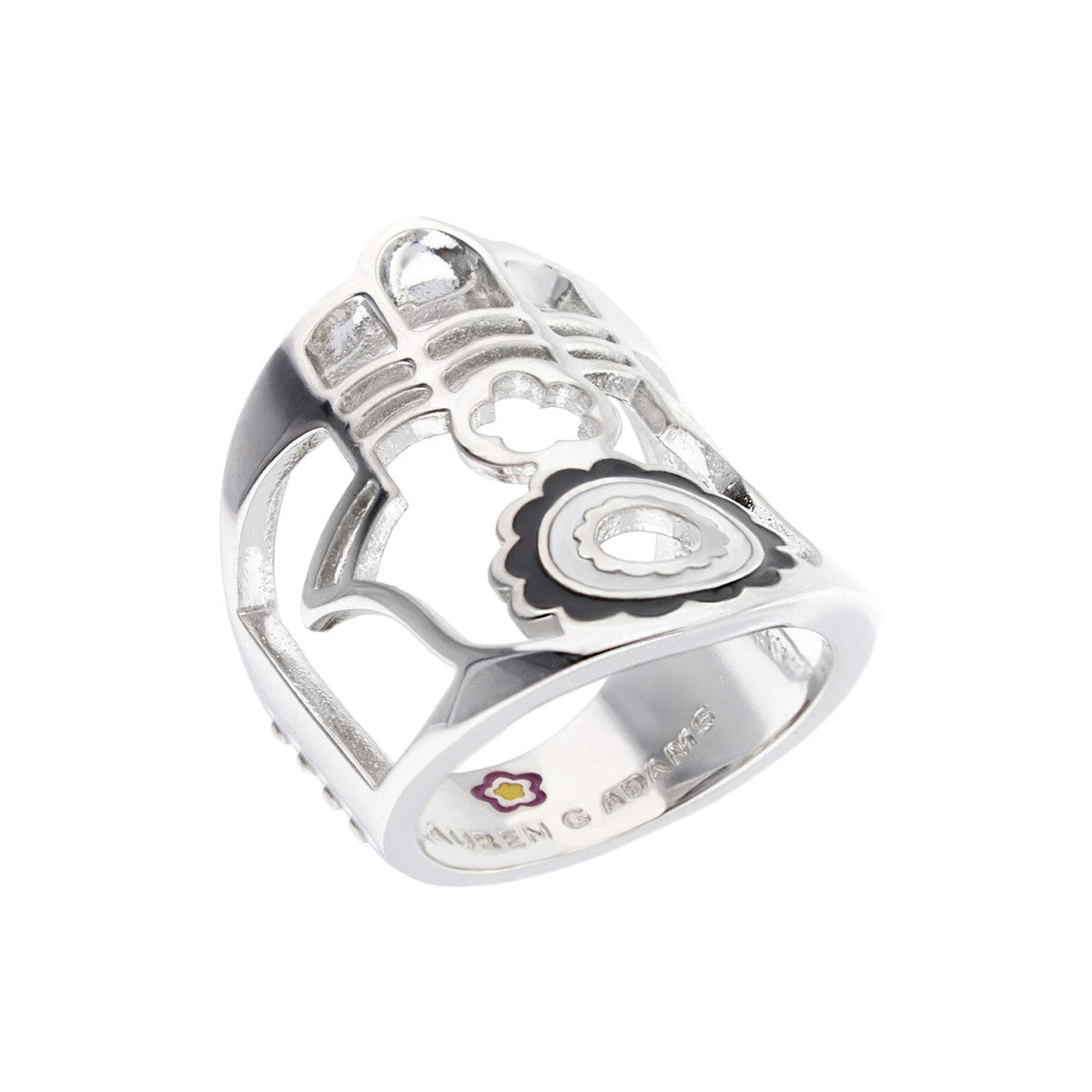 Lucky Hamsa Ring by Lauren G Adams, silver-tone, openwork band with black enamel Hamsa motif on Tampa Home & Garden Store