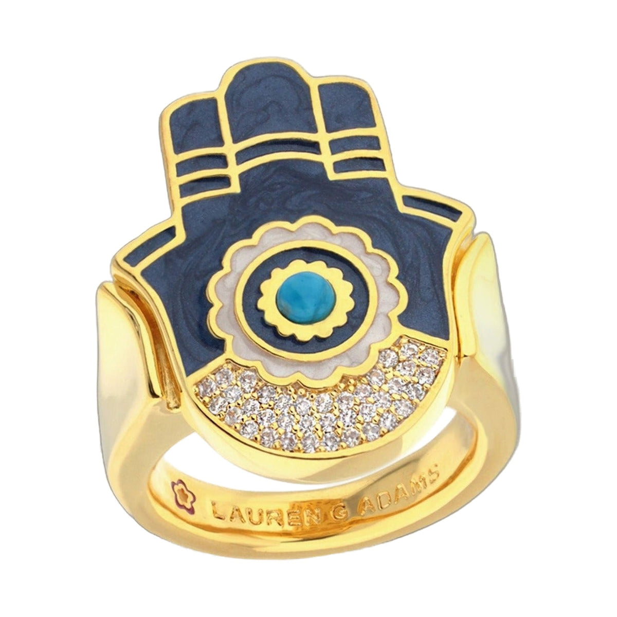 Lucky Hamsa Ring gold-tone blue-enamel turquoise center diamond accents Lauren G Adams on Tampa Home & Garden Store