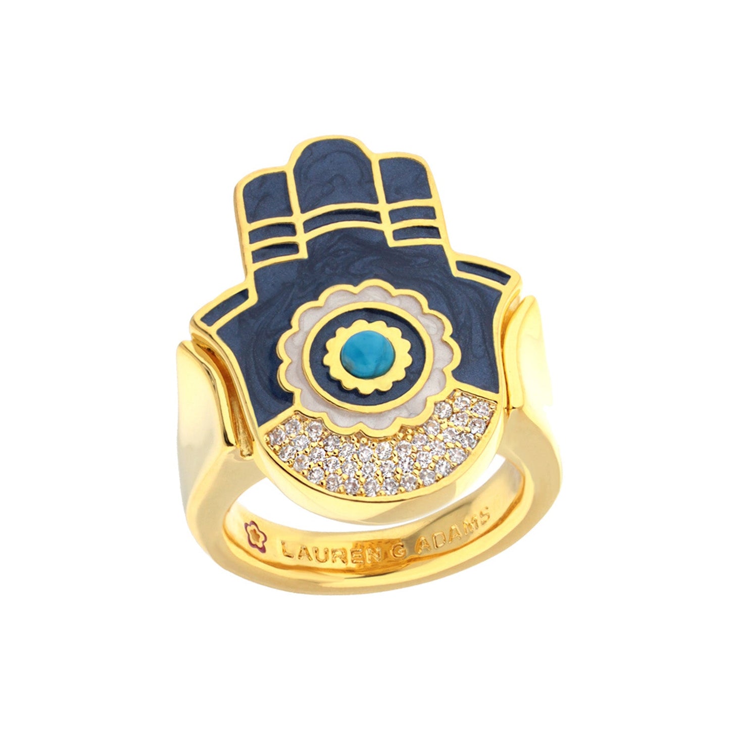 Lucky Hamsa Ring, gold with navy enamel hamsa, turquoise center, Lauren G Adams engraving on Tampa Home & Garden Store