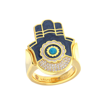 Lucky Hamsa Ring, gold with navy enamel hamsa, turquoise center, Lauren G Adams engraving on Tampa Home & Garden Store