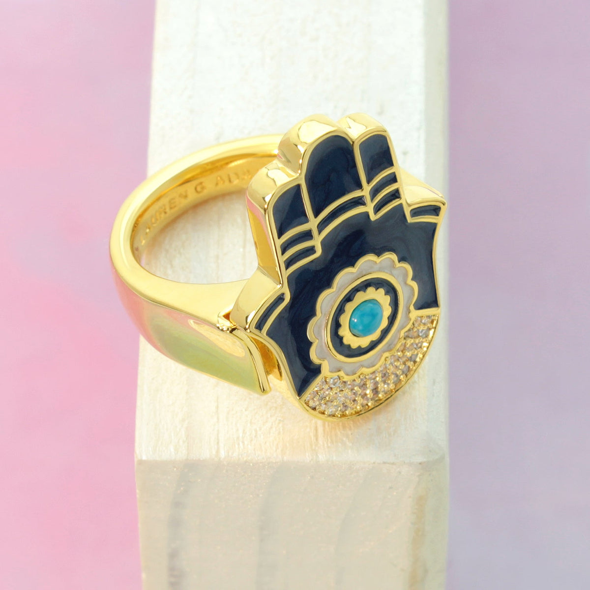 Lucky Hamsa Ring by Lauren G Adams gold-tone with navy enamel, turquoise center, pavé crystals on Tampa Home & Garden Store