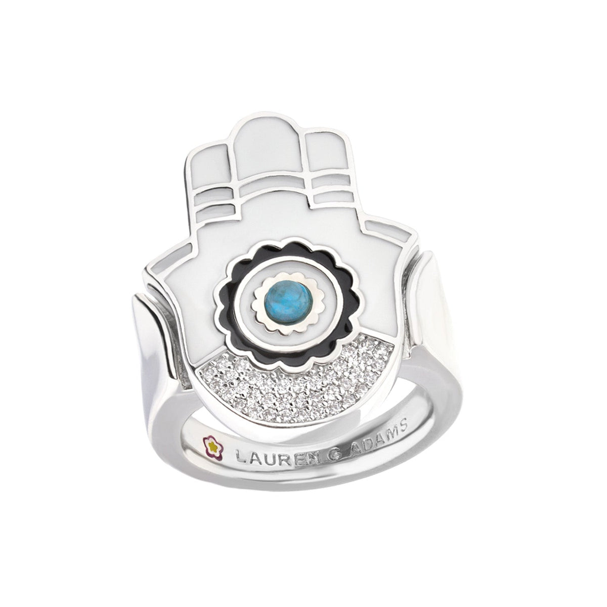 Lucky Hamsa Ring by Lauren G Adams, silvertone Hamsa with turquoise center and pavé diamonds on Tampa Home & Garden Store
