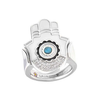 Lucky Hamsa Ring by Lauren G Adams, silvertone Hamsa with turquoise center and pavé diamonds on Tampa Home & Garden Store