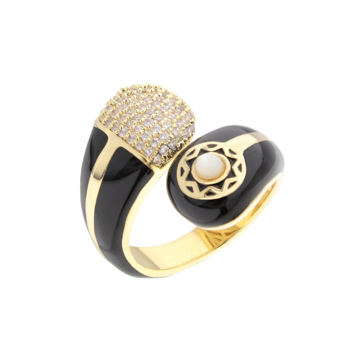 Renaissance Cocktail Ring Lauren G Adams gold and black enamel pavé diamonds pearl cabochon on Tampa Home & Garden Store