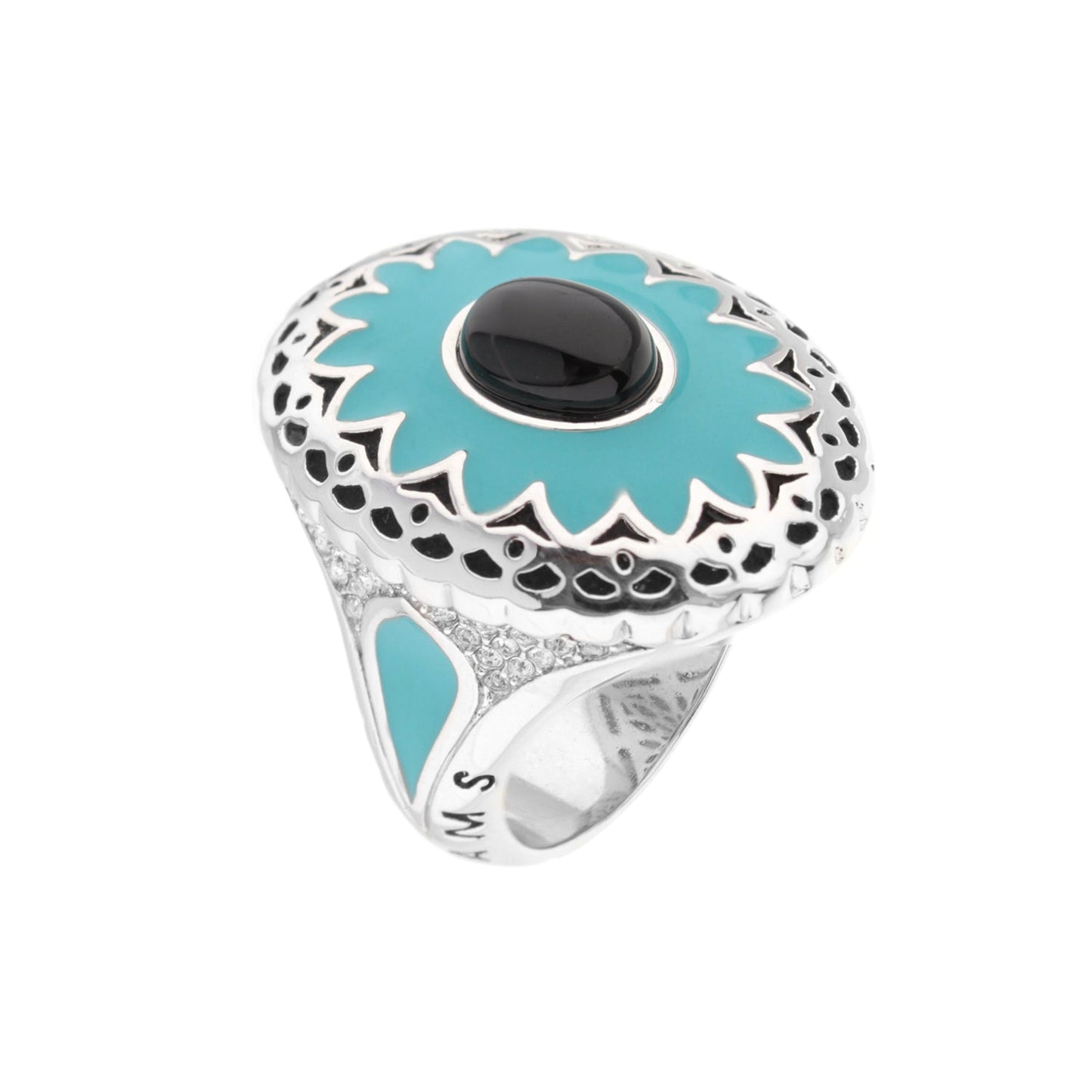 Infinity Cocktail Ring by Lauren G Adams, silver setting with turquoise halo and black cabochon on Tampa Home & Garden Store