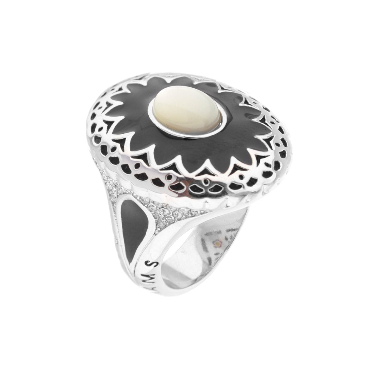 Lauren G Adams Infinity Cocktail Ring, silver with black enamel sunburst top and pale cabochon on Tampa Home & Garden Store