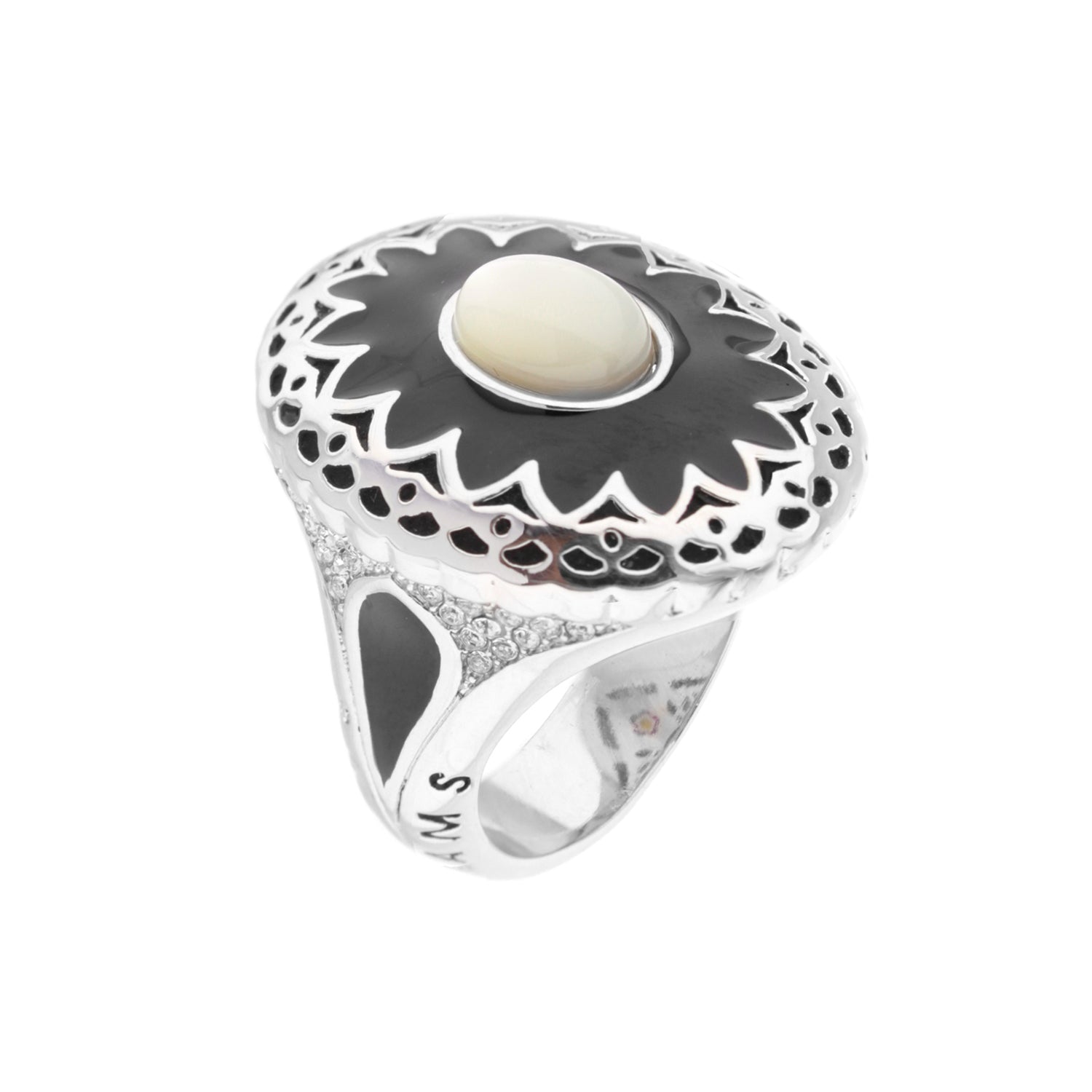 Lauren G Adams Infinity Cocktail Ring, silver with black enamel sunburst top and pale cabochon on Tampa Home & Garden Store