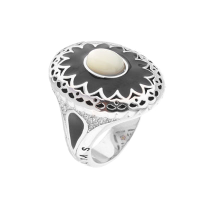 Lauren G Adams Infinity Cocktail Ring, silver with black enamel sunburst top and pale cabochon on Tampa Home & Garden Store