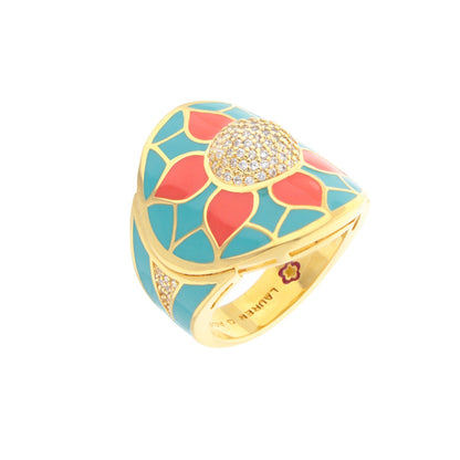Destiny Cocktail Ring; Lauren G Adams; turquoise and coral enamel mosaic with crystal dome on Tampa Home & Garden Store