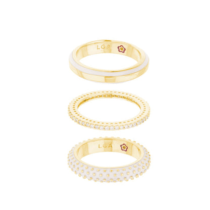 Yellow Bumble Ring Set by Lauren G Adams, four gold rings with white enamel and diamond accents on Tampa Home & Garden Store