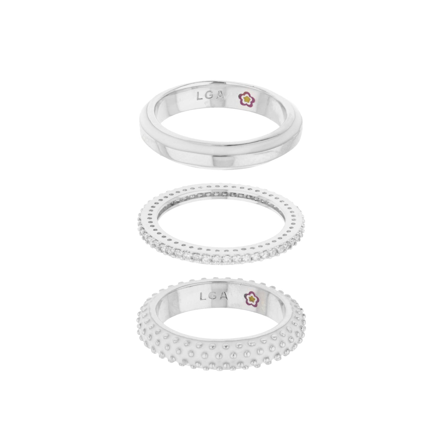 Yellow Bumble Ring Set by Lauren G Adams: 4 silver rings, LGA engraving and flower logo on Tampa Home & Garden Store
