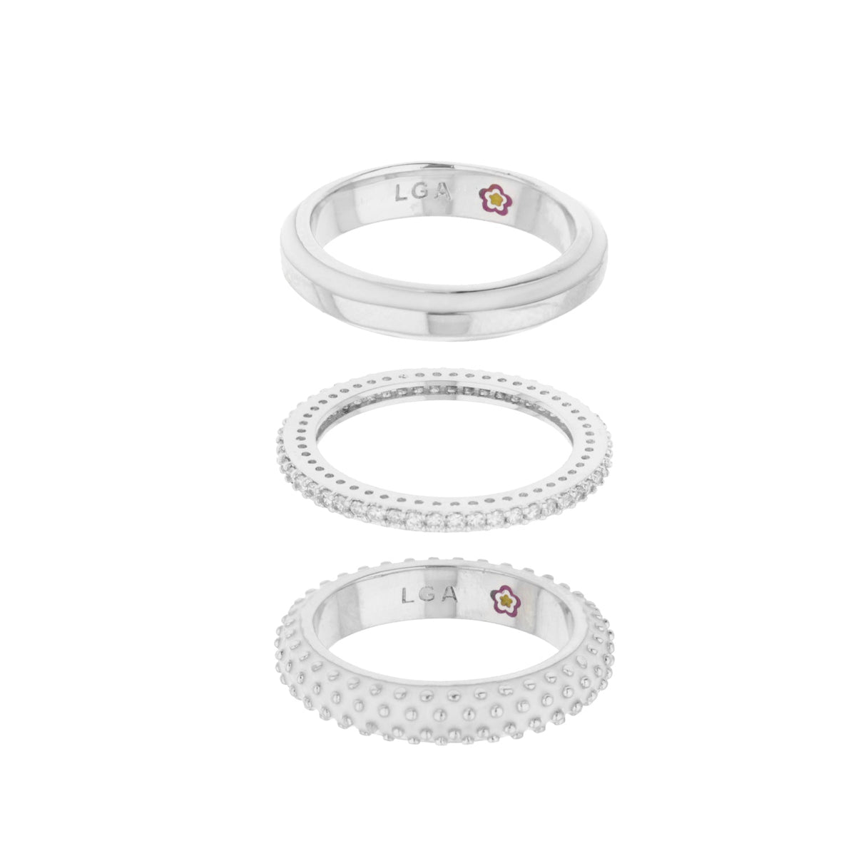 Yellow Bumble Ring Set by Lauren G Adams: 4 silver rings, LGA engraving and flower logo on Tampa Home & Garden Store