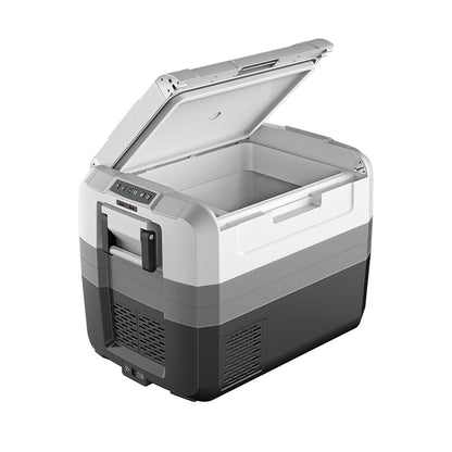 GemGear 58 Quart Portable Electric Camping Cooler with lid open, two-tone gray body on Tampa Home & Garden Store