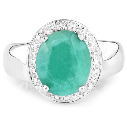 Emerald and white diamond halo ring in 925 sterling silver featuring a 4.72ct emerald center on Tampa Home & Garden Store