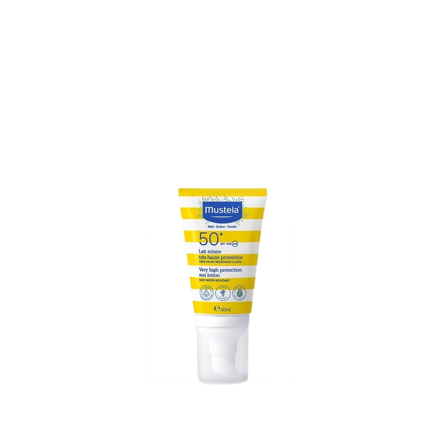Mustela SPF 50+ sunscreen lotion for sensitive skin in a yellow striped tube, 40ml on Tampa Home & Garden Store